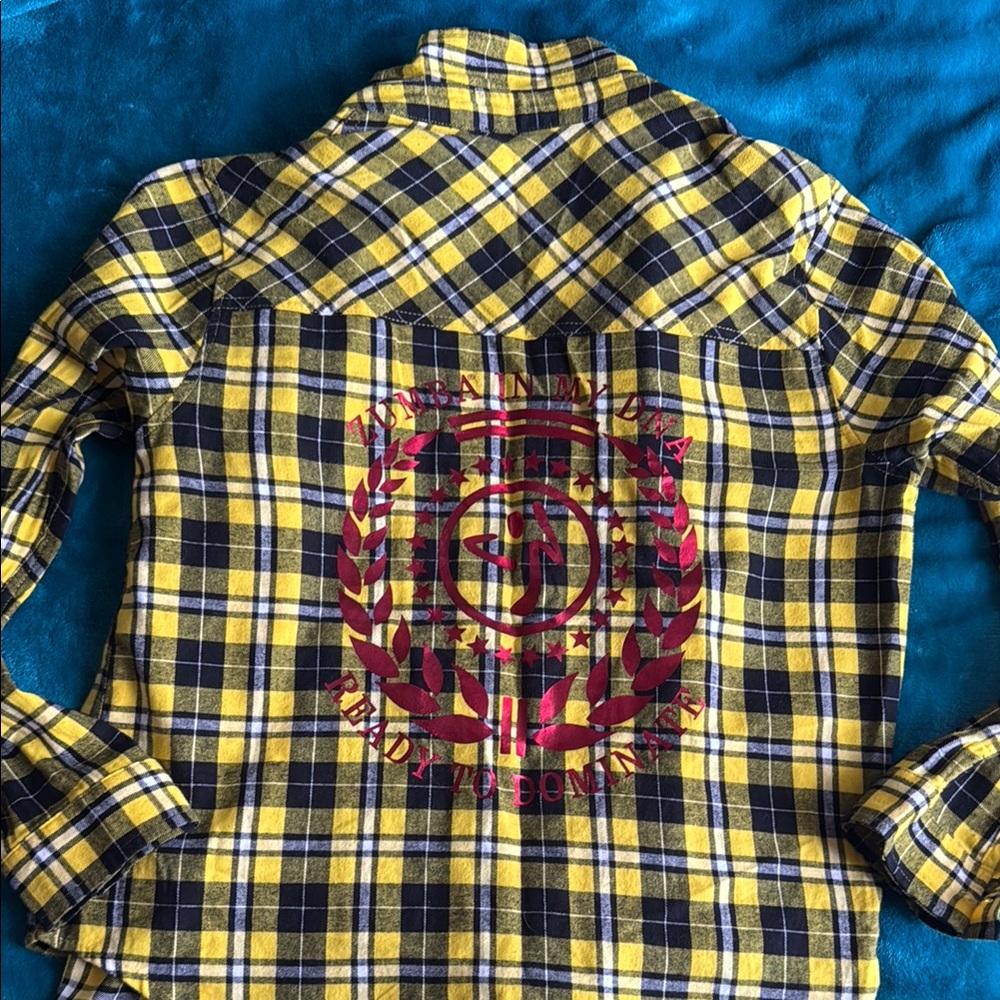 Zumba Yellow and Black Plaid Shirt with Red Graphic
